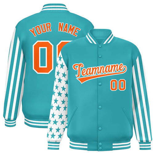 Custom Aqua American Flag Satin Full-Snap Varsity Jacket - F