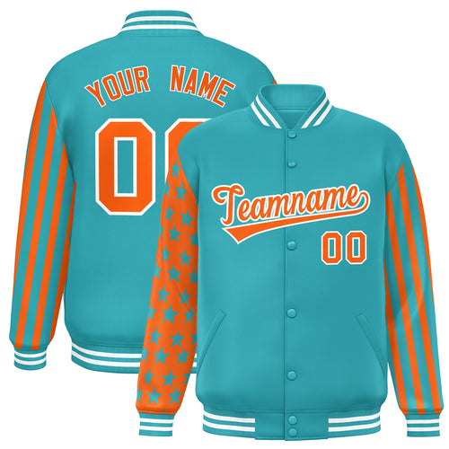 Custom Aqua American Flag Satin Full-Snap Varsity Jacket - F