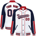 Custom White & Navy & Red Color Block Satin Full-Snap Varsity Jacket - F
