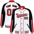 Personalized White & Black & Red Color Block Satin Full-Snap Varsity Jacket - F