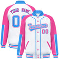 Custom White & Pink & Powder Blue Color Block Satin Full-Snap Varsity Jacket - F