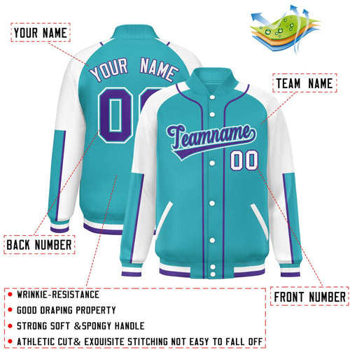 Custom Aqua & White Color Block Satin Full-Snap Varsity Jacket - C