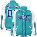 Custom Aqua & White Color Block Satin Full-Snap Varsity Jacket - F