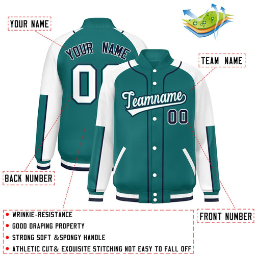 Custom Aqua & White Color Block Satin Full-Snap Varsity Jacket - C