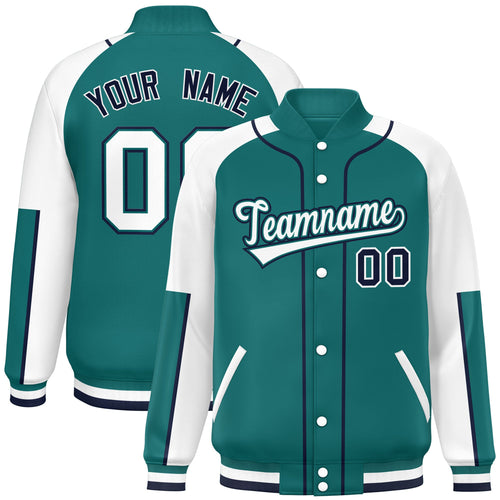 Custom Aqua & White Color Block Satin Full-Snap Varsity Jacket - F