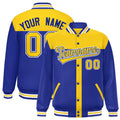 Custom Gold & Royal Blue Color Block Satin Full-Snap Varsity Jacket - F