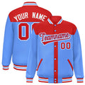 Custom Red & Powder Blue Color Block Satin Full-Snap Varsity Jacket - F