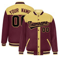 Personalized Khaki & Crimson Color Block Satin Full-Snap Varsity Jacket - F
