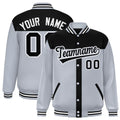 Custom Black & Silver Color Block Satin Full-Snap Varsity Jacket - F