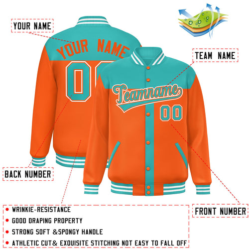 Custom Aqua & Orange Color Block Satin Full-Snap Varsity Jacket - C