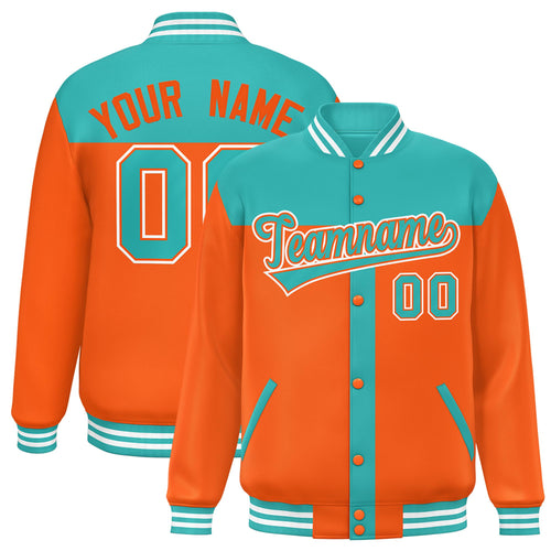 Custom Aqua & Orange Color Block Satin Full-Snap Varsity Jacket - F