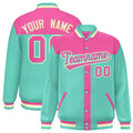 Custom Pink & Bright Green Color Block Satin Full-Snap Varsity Jacket - F