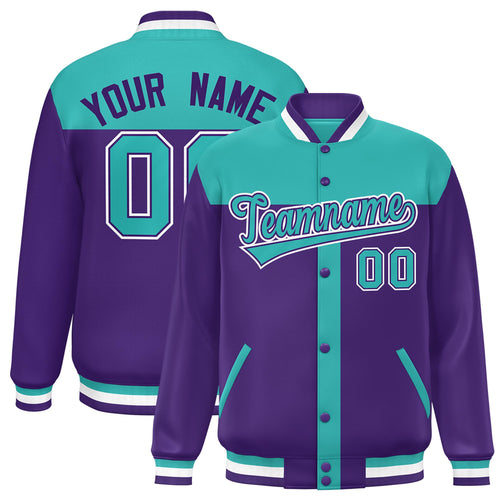 Custom Aqua & Purple Color Block Satin Full-Snap Varsity Jacket - F