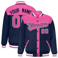 Custom Pink & Navy Color Block Satin Full-Snap Varsity Jacket - F