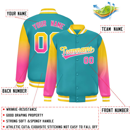 Custom Aqua & Gold & Pink Gradient Satin Full-Snap Varsity Jacket - C