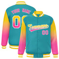 Custom Aqua & Gold & Pink Gradient Satin Full-Snap Varsity Jacket - F