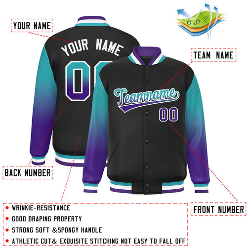 Custom Black & Aqua & Purple Gradient Satin Full-Snap Varsity Jacket - C
