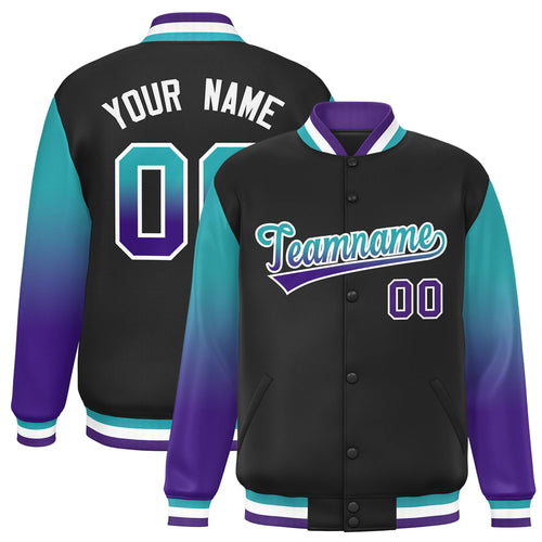 Custom Black & Aqua & Purple Gradient Satin Full-Snap Varsity Jacket - F