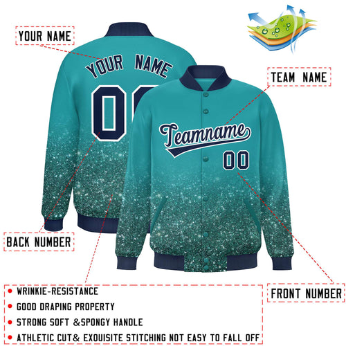 Custom Aqua Sparkle-Effect Satin Full-Snap Varsity Jacket - C