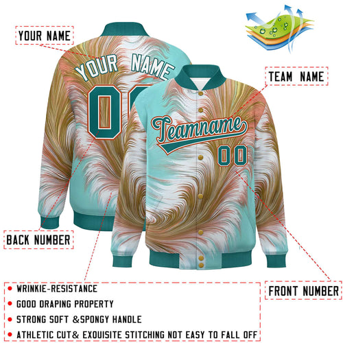 Custom Aqua Feather Fluid Graffiti Satin Full-Snap Varsity Jacket - C