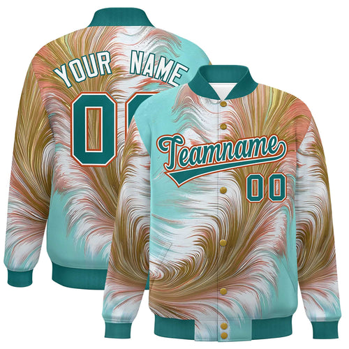 Custom Aqua Feather Fluid Graffiti Satin Full-Snap Varsity Jacket - F