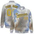 Custom Gray Feather Fluid Graffiti Satin Full-Snap Varsity Jacket - F