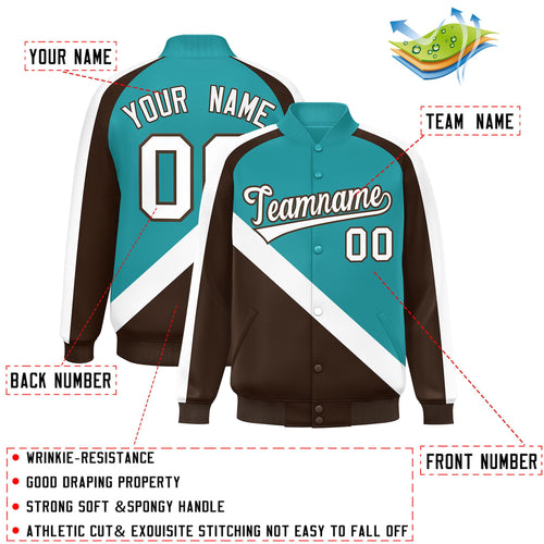 Custom Aqua & Brown Diagonal Stripe Satin Full-Snap Varsity Jacket - C