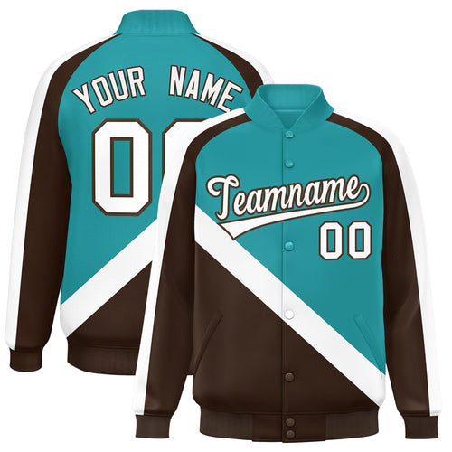 Custom Aqua & Brown Diagonal Stripe Satin Full-Snap Varsity Jacket - F