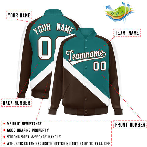 Custom Aqua & Brown Diagonal Stripe Satin Full-Snap Varsity Jacket - C