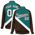 Custom Aqua & Brown Diagonal Stripe Satin Full-Snap Varsity Jacket - F