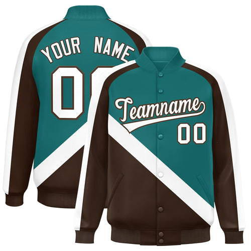 Custom Aqua & Brown Diagonal Stripe Satin Full-Snap Varsity Jacket - F