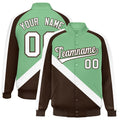 Custom Green & Brown Diagonal Stripe Satin Full-Snap Varsity Jacket - F