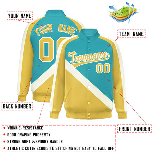Custom Aqua & Khaki Diagonal Stripe Satin Full-Snap Varsity Jacket - C