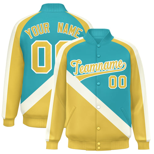 Custom Aqua & Khaki Diagonal Stripe Satin Full-Snap Varsity Jacket - F