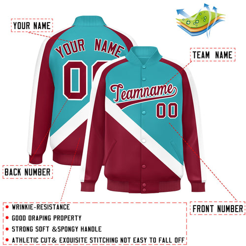 Custom Aqua & Crimson Diagonal Stripe Satin Full-Snap Varsity Jacket - C