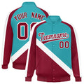 Custom Aqua & Crimson Diagonal Stripe Satin Full-Snap Varsity Jacket - F