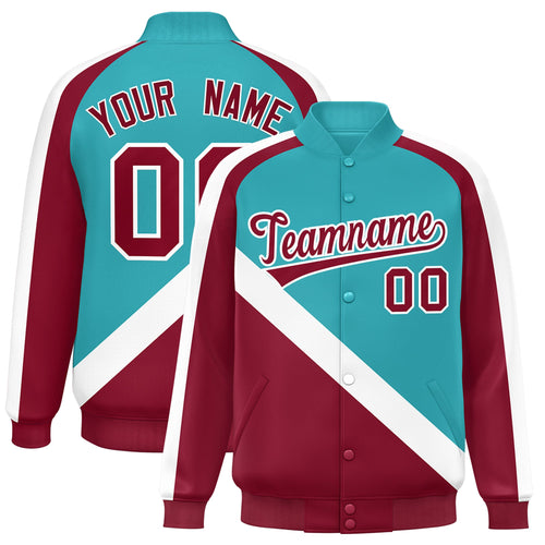 Custom Aqua & Crimson Diagonal Stripe Satin Full-Snap Varsity Jacket - F