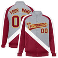 Personalized Gray & Crimson Diagonal Stripe Satin Full-Snap Varsity Jacket - F
