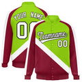 Personalized Neon Green & Crimson Diagonal Stripe Satin Full-Snap Varsity Jacket - F