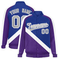 Personalized Royal Blue & Purple Diagonal Stripe Satin Full-Snap Varsity Jacket - F