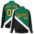 Custom Kelly Green & Black Diagonal Stripe Satin Full-Snap Varsity Jacket - F