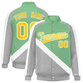 Personalized Green & Gray Diagonal Stripe Satin Full-Snap Varsity Jacket - F