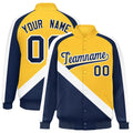 Custom Gold & Navy Diagonal Stripe Satin Full-Snap Varsity Jacket - F