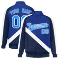 Custom Royal Blue & Navy Diagonal Stripe Satin Full-Snap Varsity Jacket - F