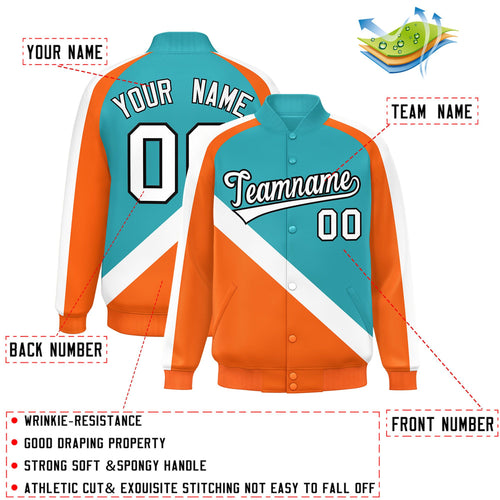 Custom Aqua & Orange Diagonal Stripe Satin Full-Snap Varsity Jacket - C
