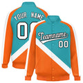 Custom Aqua & Orange Diagonal Stripe Satin Full-Snap Varsity Jacket - F