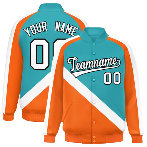 Custom Aqua & Orange Diagonal Stripe Satin Full-Snap Varsity Jacket - F