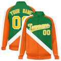 Personalized Kelly Green & Orange Diagonal Stripe Satin Full-Snap Varsity Jacket - F