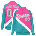 Custom Pink & Aqua Diagonal Stripe Satin Full-Snap Varsity Jacket - F