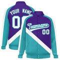 Custom Purple & Aqua Diagonal Stripe Satin Full-Snap Varsity Jacket - F